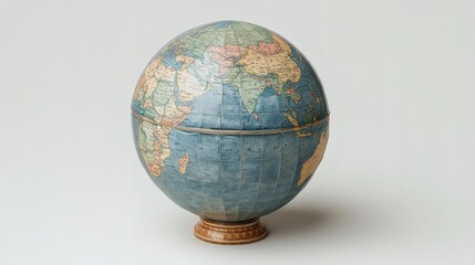 Antique Globe: A vintage globe with faded, hand-drawn maps, revealing a history of exploration and knowledge, rests on a wooden stand. The blue and brown hues of the globe are tinged with age.