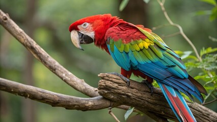 Fototapeta premium Colorful macaw parrot in tropical forest wildlife photography lush green environment close-up view nature concept
