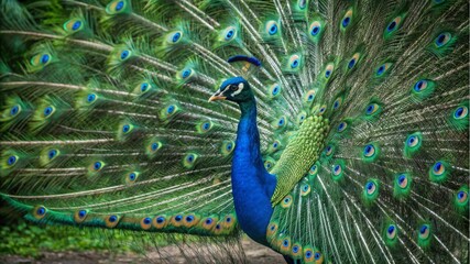 Obraz premium Peacock displaying vibrant plumage natural habitat wildlife photography lush environment close-up view beauty of nature