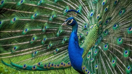 Obraz premium Majestic peacock displaying feathers in lush garden nature photography vibrant colorful environment close-up view