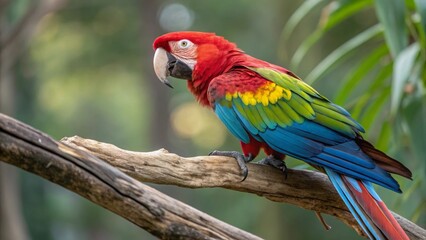 Obraz premium Colorful macaw parrot perched on branch tropical forest wildlife photography natural habitat close-up perspective
