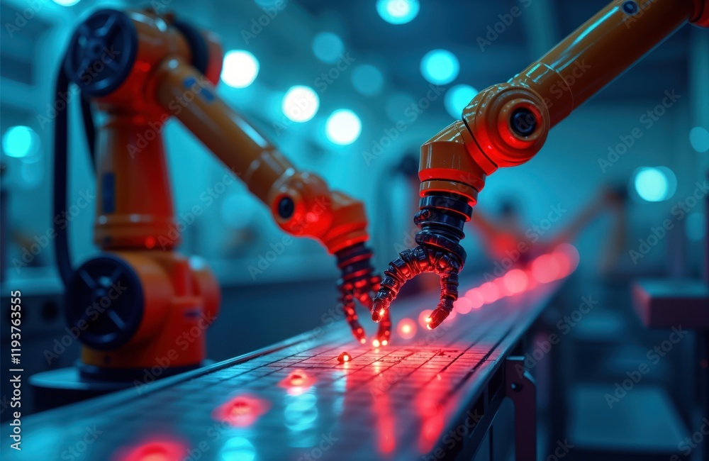 Fototapete Modern factory with two robotic arms working on assembly line. Robots handle components precisely. Red lights highlight work area. Blue background provides contrast. Advanced automation evident. Tech
