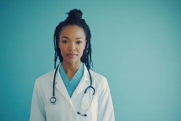 Portrait of Confident African American Female Doctor in Lab Coat on Pastel Blank Background