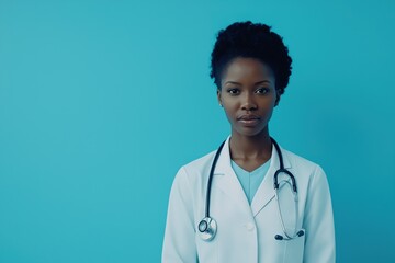 Portrait of Confident African American Female Doctor in Lab Coat on Pastel Blank Background
