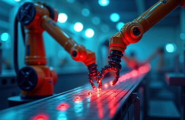 Obraz premium Modern factory with two robotic arms working on assembly line. Robots handle components precisely. Red lights highlight work area. Blue background provides contrast. Advanced automation evident. Tech