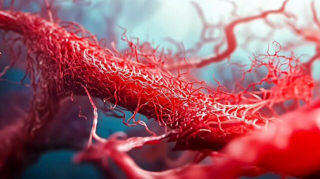 Blood vessels illustrate cardiovascular system.Capillary network shows microcirculation complexity.Red fibers highlight bodily infrastructure.Sci-fi tone enhances conceptual health imagery.Medical