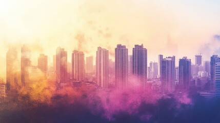 Modern City Skyline Viewed Through A Haze Of Holi
