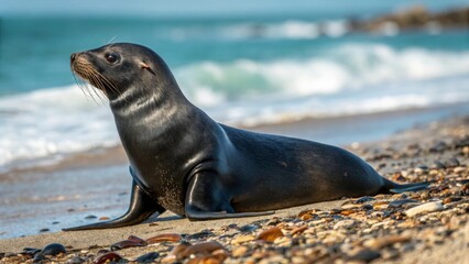 Fototapeta premium Playful sea lion relaxing on a sunny beach coastal environment wildlife photography natural setting close-up view