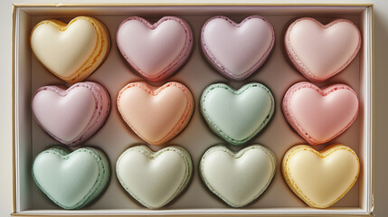 Obraz premium Box of colorful heart-shaped macarons or macaroons in pastel hues, viewed from above, perfect pattern for Valentine's Day