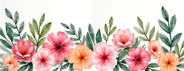 Obraz premium Watercolor illustration of flowers, leaves. Pink, peach flowers with green leaves create seamless border. Floral design. Botanical art style. Perfect for invitations decorations. Seamless pattern