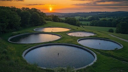 Tranquil Water Storage Reservoirs in a Scenic Landscape Under a Golden Sunset with Lush Green Surroundings and Gentle Rolling Hills