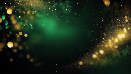 golden and green bokeh abstract backdrop with glowing dots and sparkles for festive event invitations or elegant designs