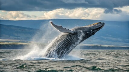 Naklejka premium Humpback whale breaching ocean waters wildlife photography natural environment side view marine life display