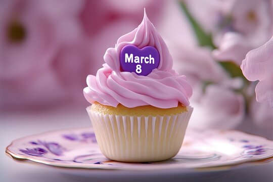 Cupcake with Pink Frosting and March 8 Topper, Celebrating Women's Day, Feminine Gift Idea, Feminism Symbol, Women's Day Concept