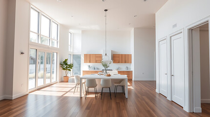 Modern Minimalist Kitchen and Dining Room Interior Design: Sunlight-Filled Space with Elegant White Walls and Wooden Floors