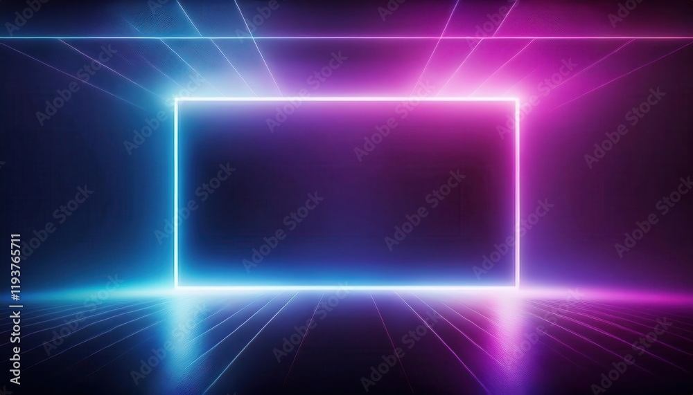 Poster glowing neon rectangular portal in a futuristic digital space with vibrant purple and blue lighting,