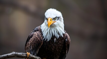 Obraz premium A Bald Eagle perched on a branch with a distinct split blurred bokeh effect. Mystic, enchanting environment with gentle color contrasts and a dreamlike atmosphere, sharp subject focus, soft backgroun