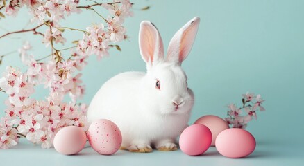 Obraz premium Easter celebration with a white rabbit alongside pink eggs and cherry blossoms in a bright setting