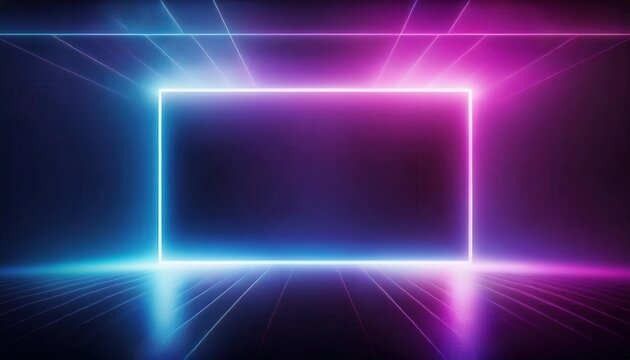 glowing neon rectangular portal in a futuristic digital space with vibrant purple and blue lighting, suitable for technology or sci-fi concepts