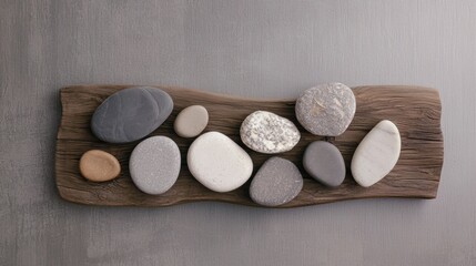 A wooden board with a variety of rocks on it
