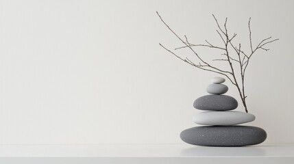 A white wall with a vase of rocks on it