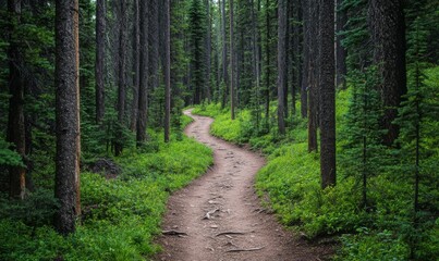 Fototapeta premium A rugged trail cutting through a thick forest of twisted trees, trail, adventure