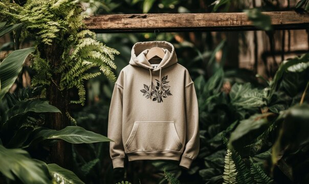 A cozy hoodie with a simple text print on a wooden beam background, surrounded by ferns and other foliage, lifestyle, earthy, abstract, wood beam
