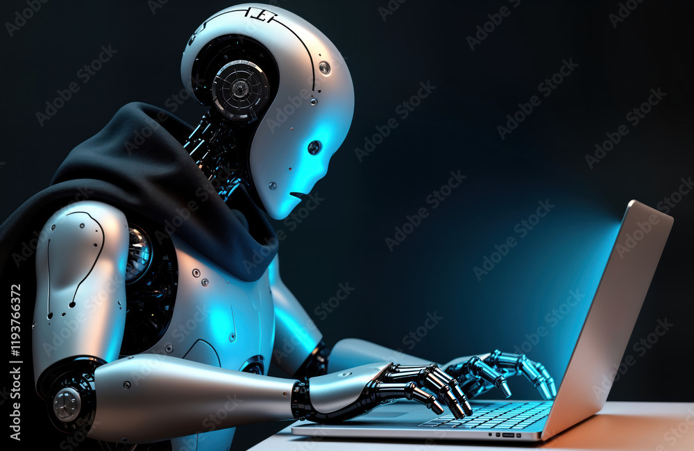 Aufkleber Metallic robot types hacker sitting at laptop. Robot dark clothing, metallic grey-silver body. Robot hands typing on laptop keyboard. Illuminated by blue light. Futuristic concept of ai cybercrime.