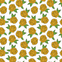 Fototapeta premium Spring colorful vector illustration with roses. Cartoon style. Design for fabric, textile, paper. Holiday print for Easter, Birthday, 8 march. Flowers with leaves.