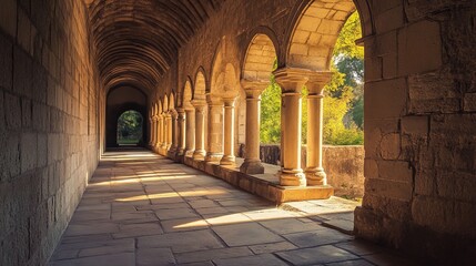 Fototapeta premium Sunlit stone arches and columns along a historic cloister corridor