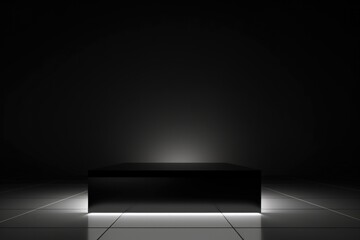 Black Cube Exhibition Display. Elegant 3D Racked Pedestal, Platform for Product Placement. Dark Stage Scene with Spot Light Render