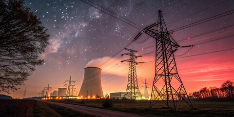 Surreal High Voltage Towers & Nuclear Power Plant: Energy Landscape at Night