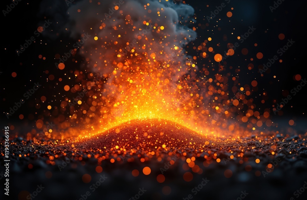 Poster fiery sparks explode from mound of molten material against dark backdrop. abstract fiery particles c