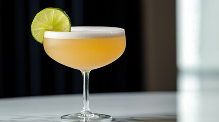 A glass of liquor with a lime wedge on top