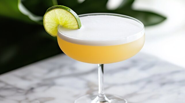A glass of yellow liquid with a lime wedge on top