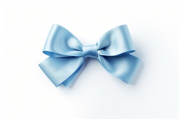 Blue Holiday Bow on White Background with Copy Space. Top View of Gift Package with Note