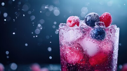 A glass of mixed fruit juice with ice cubes and raspberries