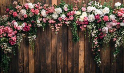 Fototapeta premium A Rustic Wooden Wall Adorned with a Lush Arrangement of Pink, White, and Red Flowers