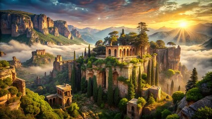Fototapeta premium Surreal Lebanese Landscape: Dreamlike Cedar Forest & Ancient Ruins
