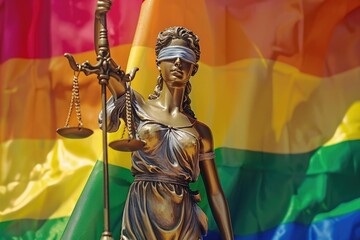 Themis Justitia blindfolded against LGBT rainbow flag symbolizing social justice