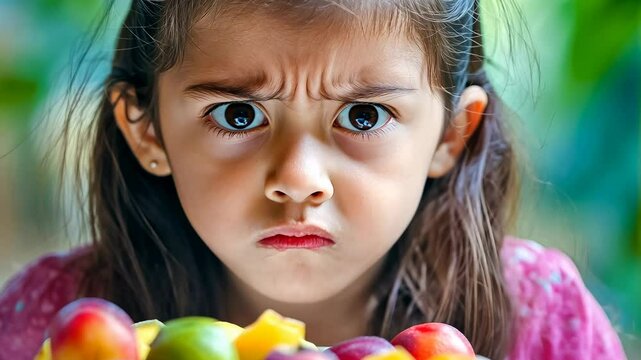 Child frowning assorted fruit plate.Girl showing displeasure meal close-.Young Asian dislike eating healthy.Expression disgust kid encounter vitamins.Health vs preference battle visible youngster