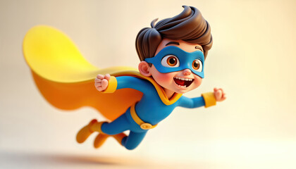 Cute cartoon boy superhero flies through air. Wears blue superhero suit with yellow cape. Child happy expression. Flying with excitement. Looks like fun character. Perfect for kids products fun
