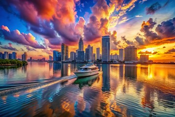 Obraz premium Surreal Miami Skyline: Boats, Buildings & Dreamy Hues