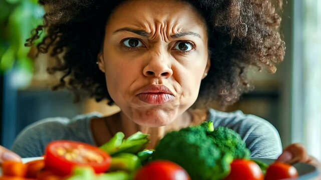 Young African-American woman examines plate vegetables intensely.Face displays suspicion towards fresh salad.Vegetables include tomatoes,green peppers,lettuce.Intense gaze organic produce suggests
