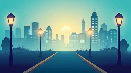 Obraz premium Serene Cityscape Sunrise: Road Leading to Urban Skyline with Lampposts