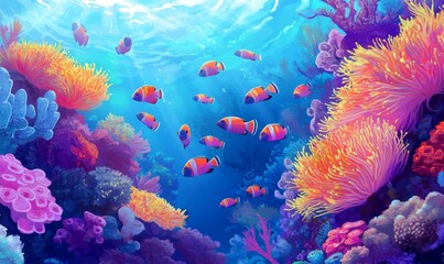 A school of small fish swimming together in the coral reef amidst colorful sea anemones and other marine life