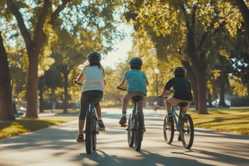 Fototapeta premium Three children ride bikes together on a sunny day in a park filled with green trees and bright sunlight. They share smiles and laughter while exploring the surroundings