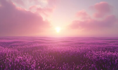 Fototapeta premium A sea of purple magenta flowers stretching across the horizon of a sun-drenched field meadow, magenta, field