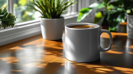 A Cozy Morning Scene with a White Coffee Mug Sitting on a Wooden Table Beneath Bright Sunlight Filtering Through Plants by the Window