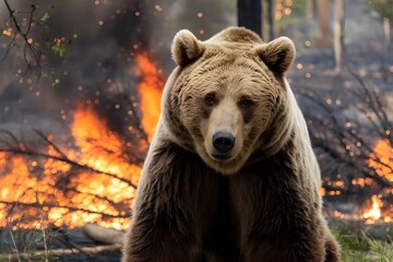 Fototapeta premium fierce bushfire rages through the wilderness, with wildlife fleeing the burning outback under a smoky orange sky.california,usa,pray them.